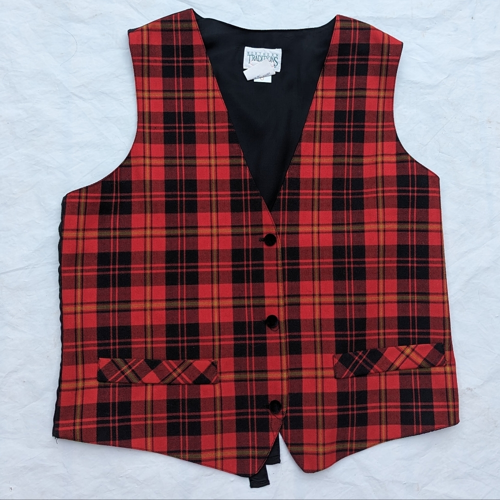 Vintage Northern Traditions Plaid Red Black Gold Vest Woman Large Christmas